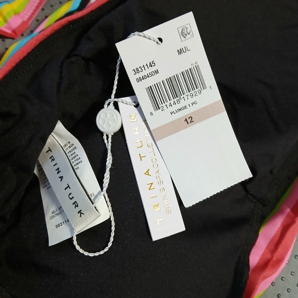 Trina Turk Size 12 Tiki Plunge V Neck Vibrant One Piece Swimsuit Halter Floral - Picture 4 of 14